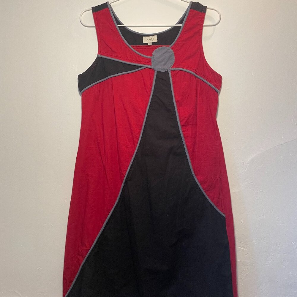 Kali red, black and blue/grey pattern midi dress
